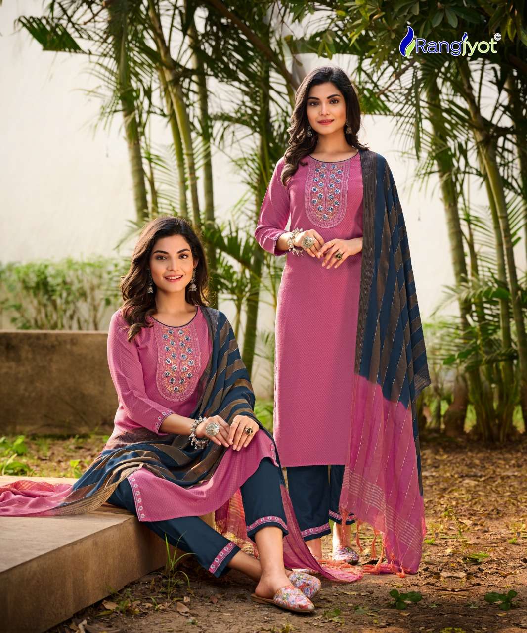 RANGJYOT - VEENA VOL 1 - DOBBY RAYON STYLIST NECK EMBROIDERY WORK KURTI WITH 14 KG RAYON WITH EMBROIDERY WORK PANT AND CHANDERI CORONA DUPATTA - 1005